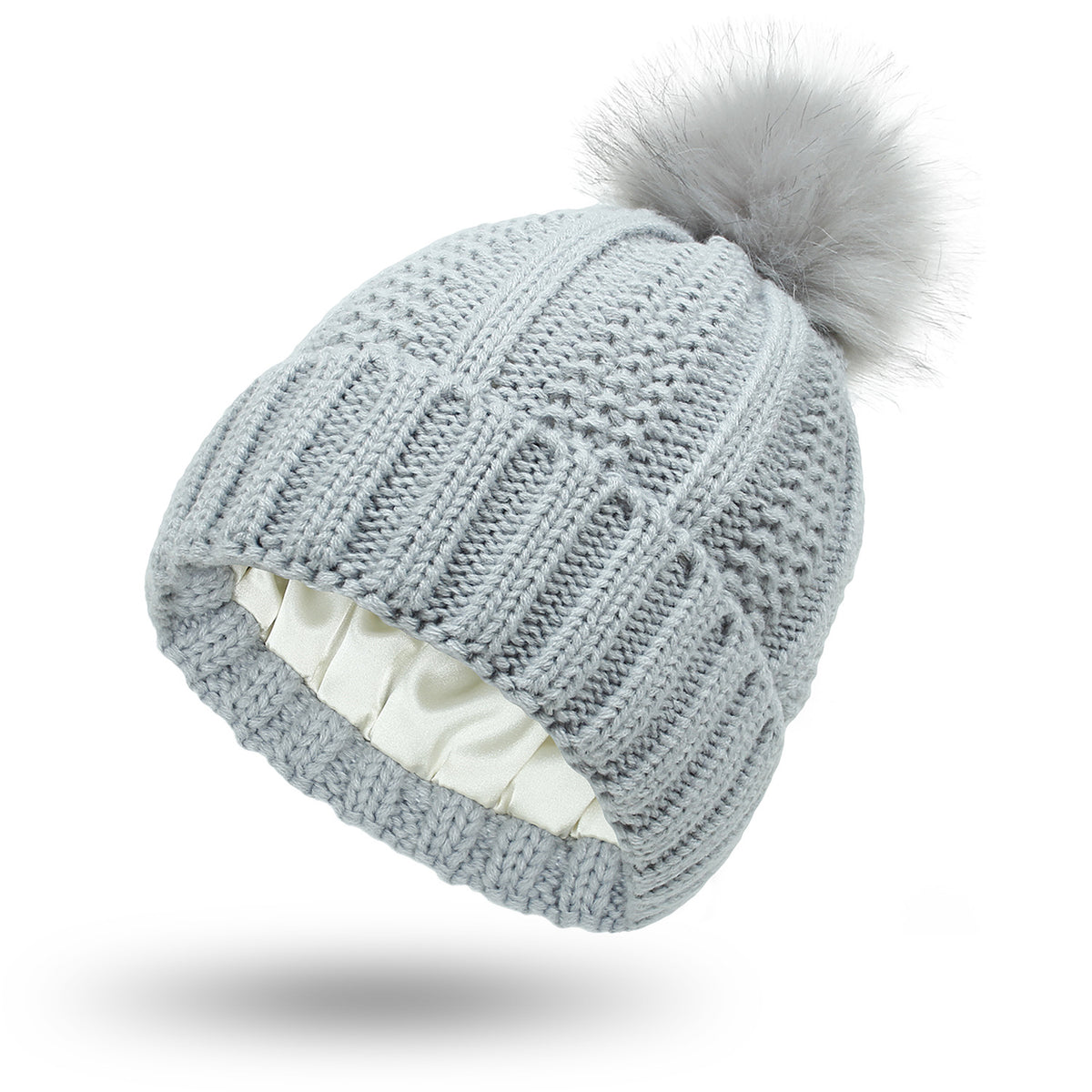 Light grey cable-knit pom beanie