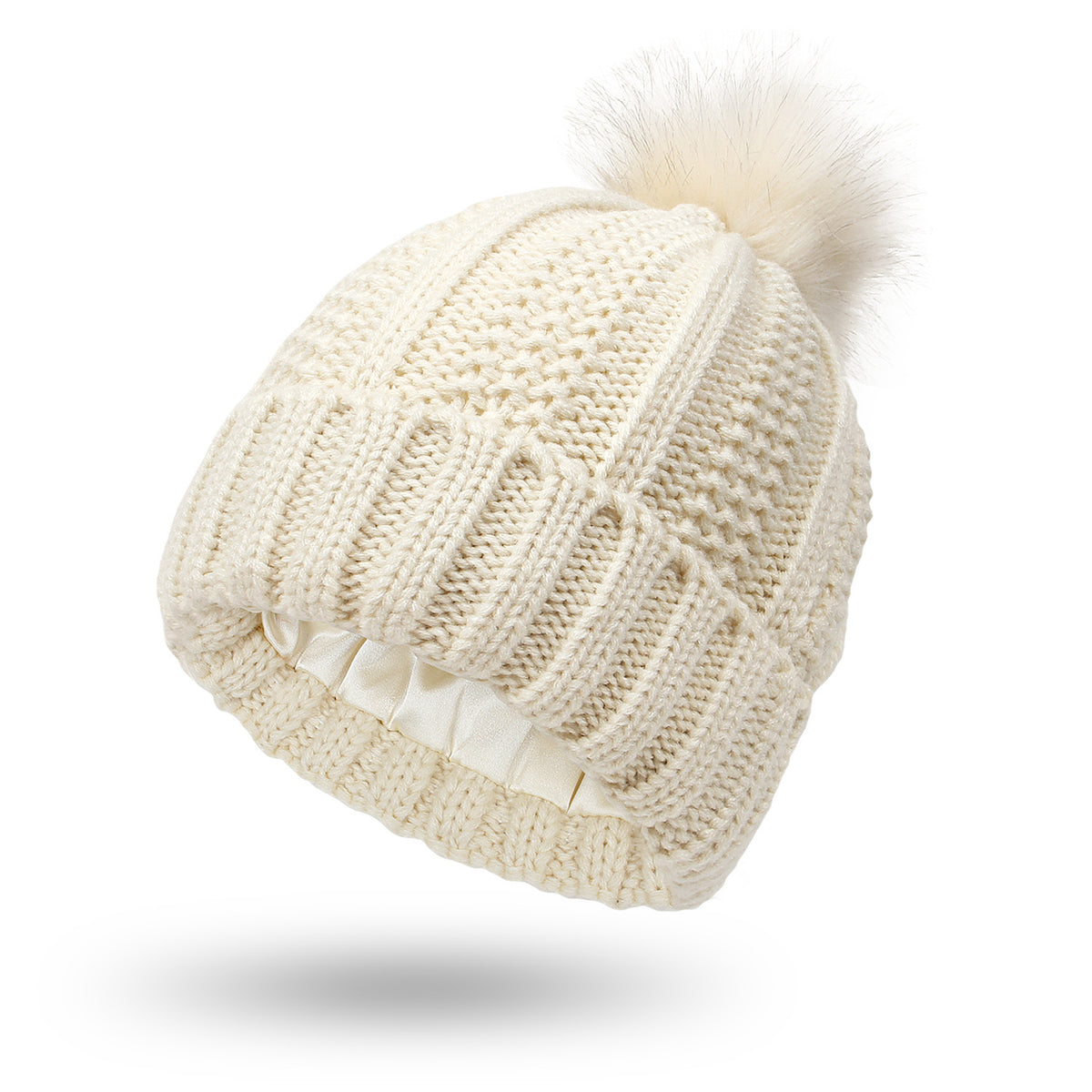 Beige cable-knit pom beanie with satin lining