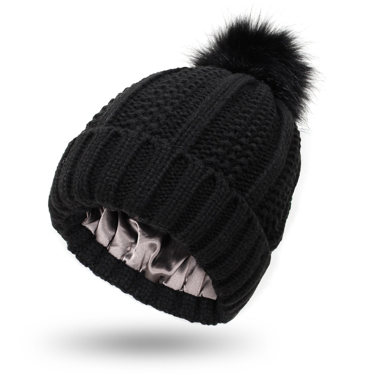 Black cable-knit pom beanie