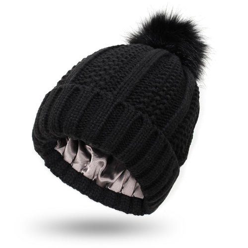 Black cable-knit pom beanie