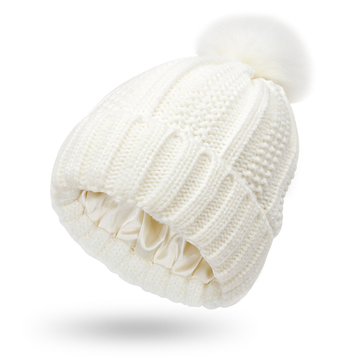 White cable-knit pom beanie